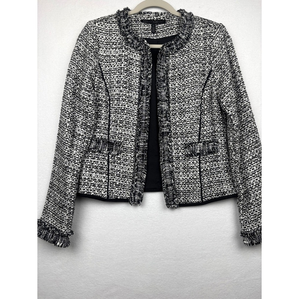 White House Black Market Jacket Womens Small Tweed Fringe Open Front Cropped - Picture 1 of 10